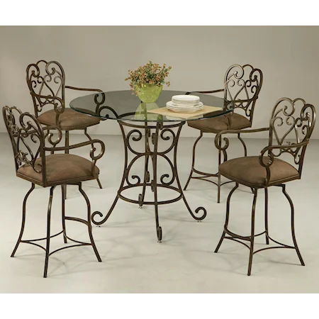 5 Piece Round Glass Top Table & 26" Counter Stool with Arms Set